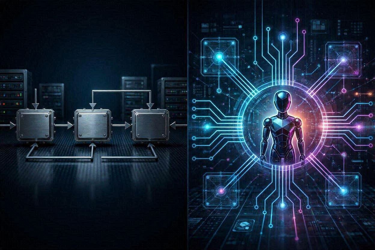 Vizuální srovnání klasické automatizace a AI agenta